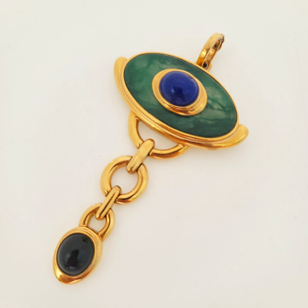 Rare/Htf Vintage Malachite, Lapis, Onyx & Sterling Slide Brooch By Kai Yin Lo